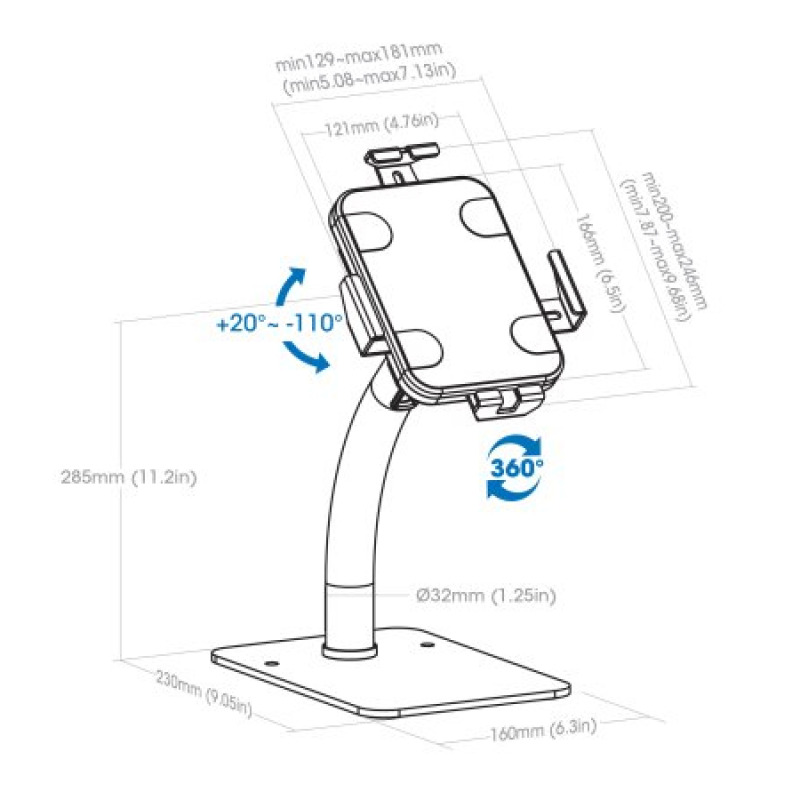 MANHATTAN 406352 - Soporte antirrobo para Tablet y iPad / Soporte universal para tabletas de 7,9" a 11", para escritorio, con rotación de 360°, inclinación de +20° a -110°, blanco image 8