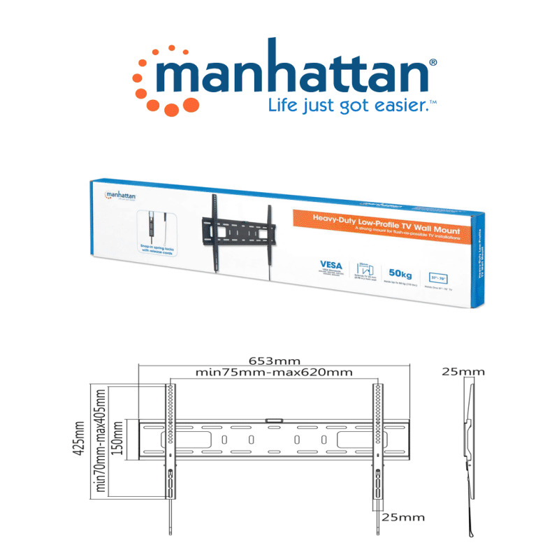 MANHATTAN 461986 - Soporte para monitor con montaje en pared  / Pantallas de 37" a 70" / Soporta hasta 50 Kg / Disceño ultra delgado / Color Negro / VESA / Instalación Fija image 8