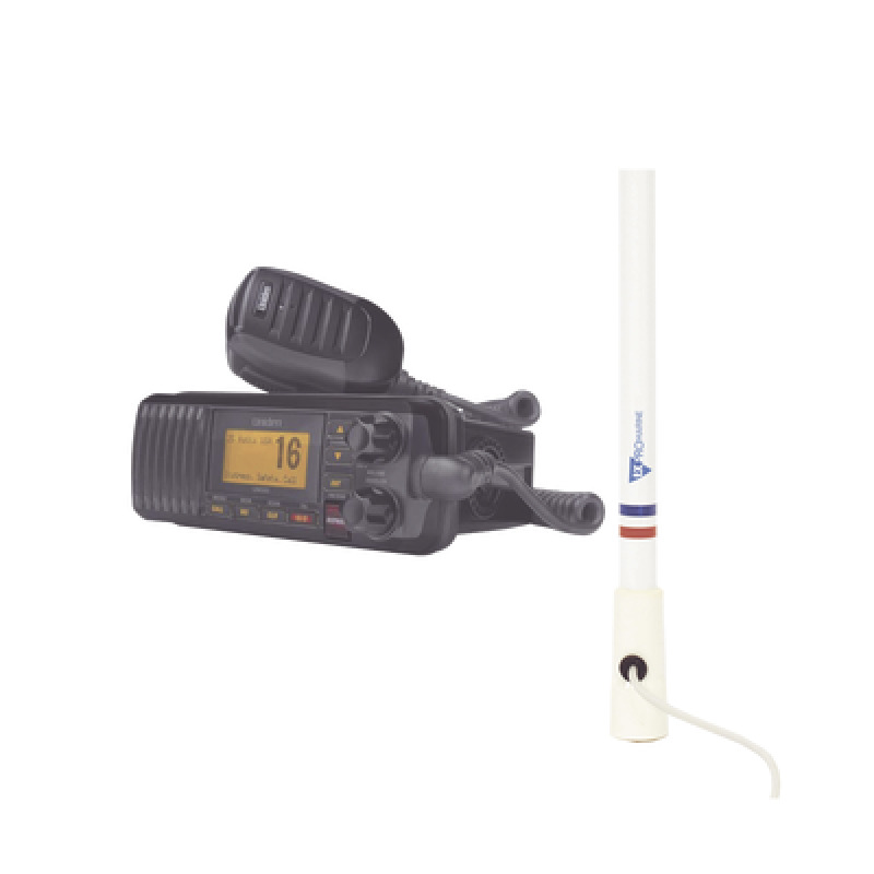 Kit de radio UM385BK | mas antena marina de fibra de vidrio TX5206SYS y soporte para antena 4186