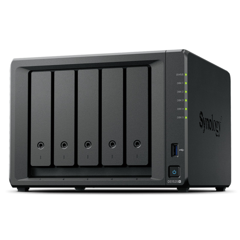 NAS SYNOLOGY DS1525+ / 5 BAHIAS/NUCLEO CUADRUPLE 2.2GHZ/8 GB DDR4/ 2.5GBE LAN X2/USB 3.2 X2/ HASTA 100 TB HOT-SWAP/ AMD RYZEN V1500B/NO INCLUYE DISCOS