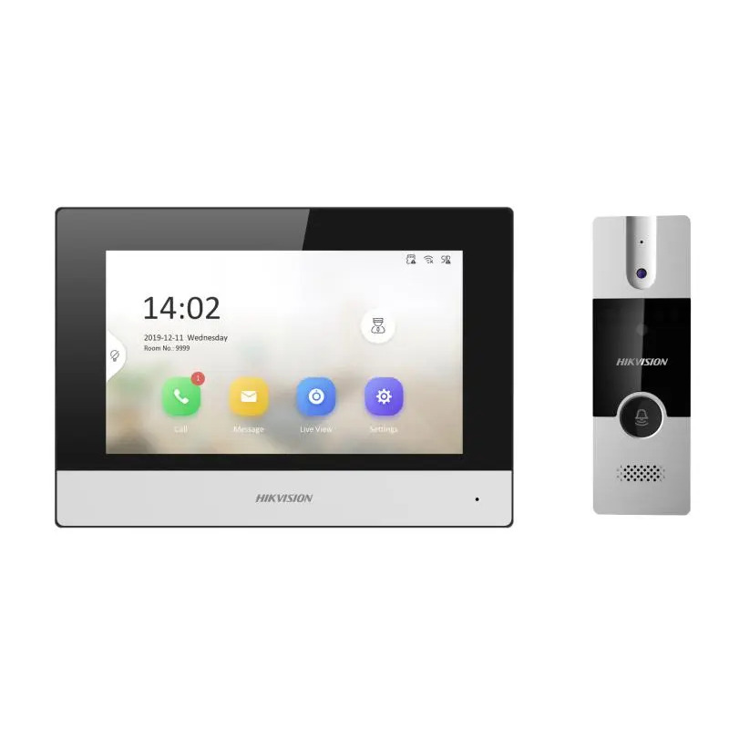 Kit de Videoportero Analógico de Plastico / IP a 4 Hilos con Función de Llamada a App HikConnect / Monitor se Conecta a Internet por Cable o WiFi y por 4 Hilos al Frente de Calle / Expandible a Mas Equipos