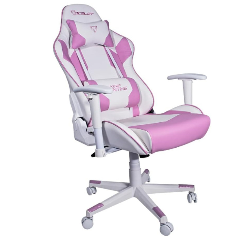 SILLA OCELOT GAMING OSR-05 / VINIPIEL / BASE NYLON AJUSTABLE / DESCANSABRAZOS 2D / PISTON CLASE 4 / RECLINABLE 90-155 GRADOS / HASTA 150KG / COJINES LUMBAR Y CERVICAL / COLOR BLANCO CON ROSA
