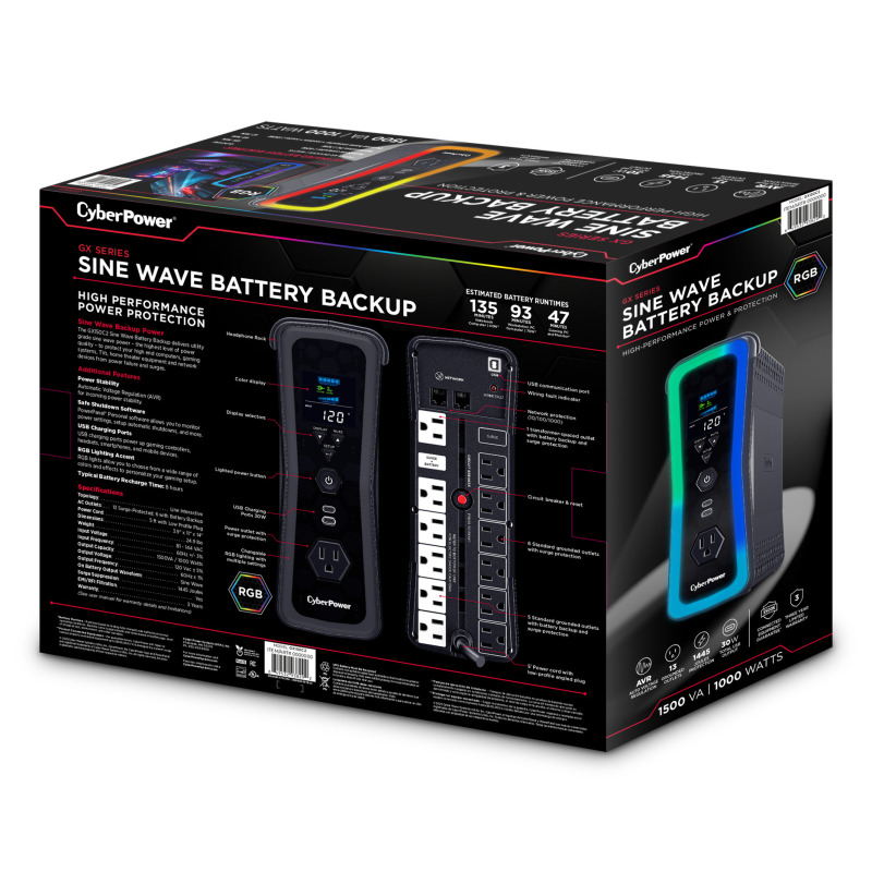 UPS CYBERPOWER GX150C2 1500VA 1000W 120V PFC ACTIVO RGB PANEL LCD USB-CX2 image 15