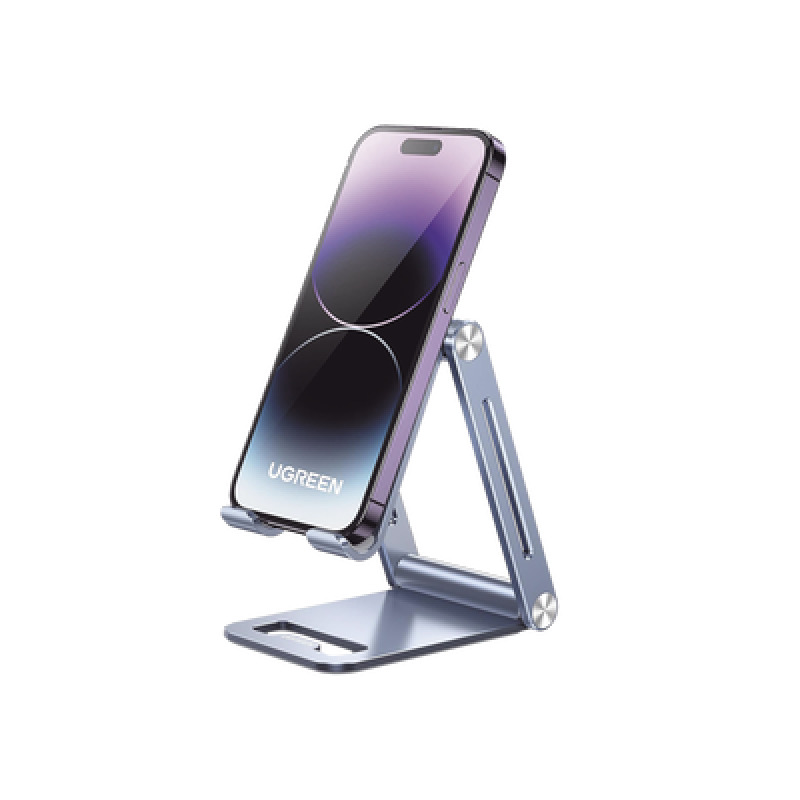 Soporte para Teléfono Celular de Aluminio / Angulo Ajustable / Amplia Compatibilidad con dispositivos de 47 a 79 / Antideslizante / Antiarañazos / Plegable / Color Azul