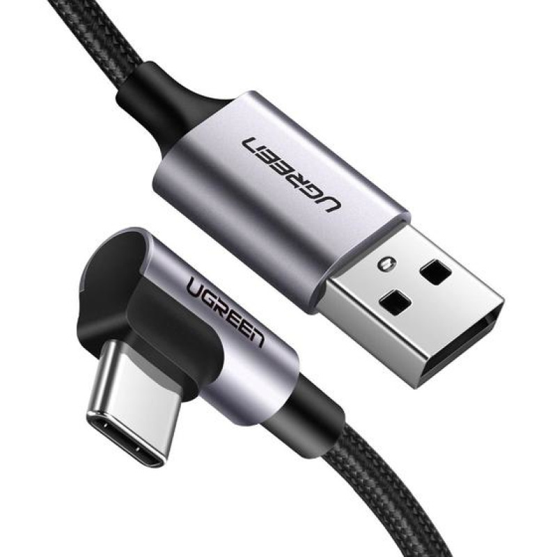 Cable USBA a USBC | 2 Metros | Conector con Ángulo Recto de 90 | Carga Rápida de hasta 60W | 480 Mbps | PD30 | QC /30/20 | FPC | AFC | Protección Integrada| Caja de Aluminio | Nylon Trenzado | Color Negro