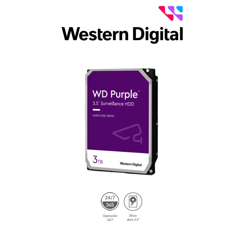 WESTERN WD34PURZ - Disco Duro de 3TB Purple/ Especial para Videovigilancia/ Trabajo 24/7/ Interface: Sata 6 Gb/s/ Hasta 64 Cámaras/ Hasta 16 Bahías de Discos Duros/ 3 Años de Garantía / 6Gb/s