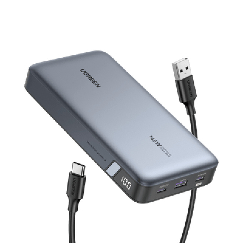 Power Bank de 25000mAh | 3 Salidas 145W Max | USBA  2 USBC | PD 30 QC30 | FCP | SCP | Pantalla Inteligente | Carcasa Ignifuga | Color Gris | Incluye Cable USB de 50cm | Carga tu Laptop de Manera Segura