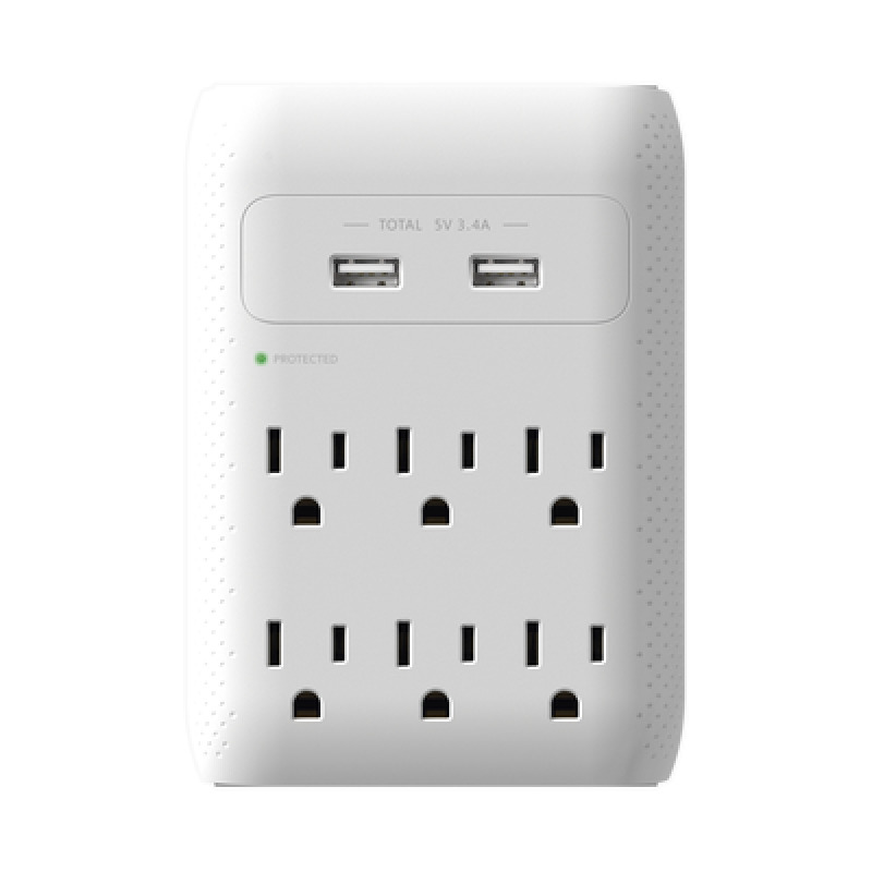 Multicontacto de Pared 110 Vca / Supresor de Picos 1080 Joules / 6 x Nema 515P / 2 x USB 5V 34A