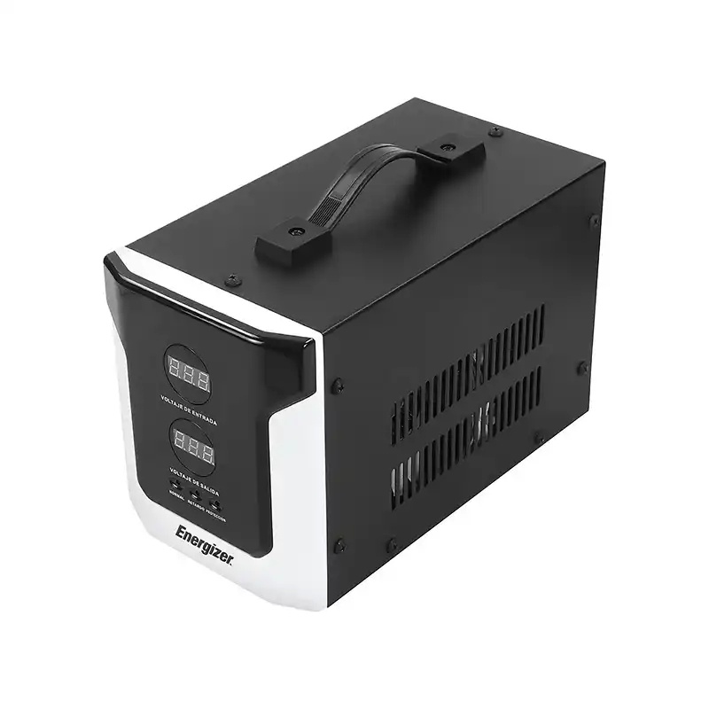Regulador Energizer ERENRLB25VA de 2500 VA 1500 Watts línea blanca 2 contactos aterrizados 2 medidores digitales corriente 15A 90-145 V
