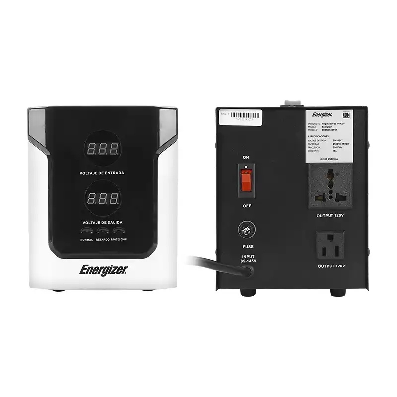 Regulador Energizer ERENRLB25VA de 2500 VA 1500 Watts línea blanca 2 contactos aterrizados 2 medidores digitales corriente 15A 90-145 V image 3