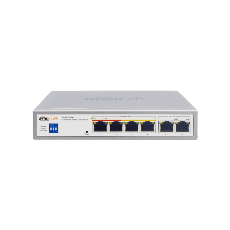Switch PoE / Administración en la nube / Con 4 puertos 10/100 Mbsp PoE af/at / 2 Puertos Uplink 10/100 MBPS /  Presupuesto 60 W / PoE hasta 250 metros / Soporta protocolo ONVIF