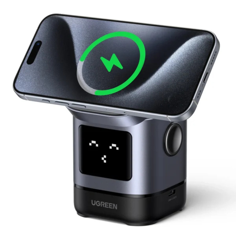 Cargador Inalámbrico Robot 2 en 1 UGREEN Qi2 / 15W Ultra Rápido para iPhone / 5W para AirPods / Pantalla Inteligente con Expresiones / Imanes N48H / Puerto USBC 5W para Apple Watch / Compatibilidad MPP