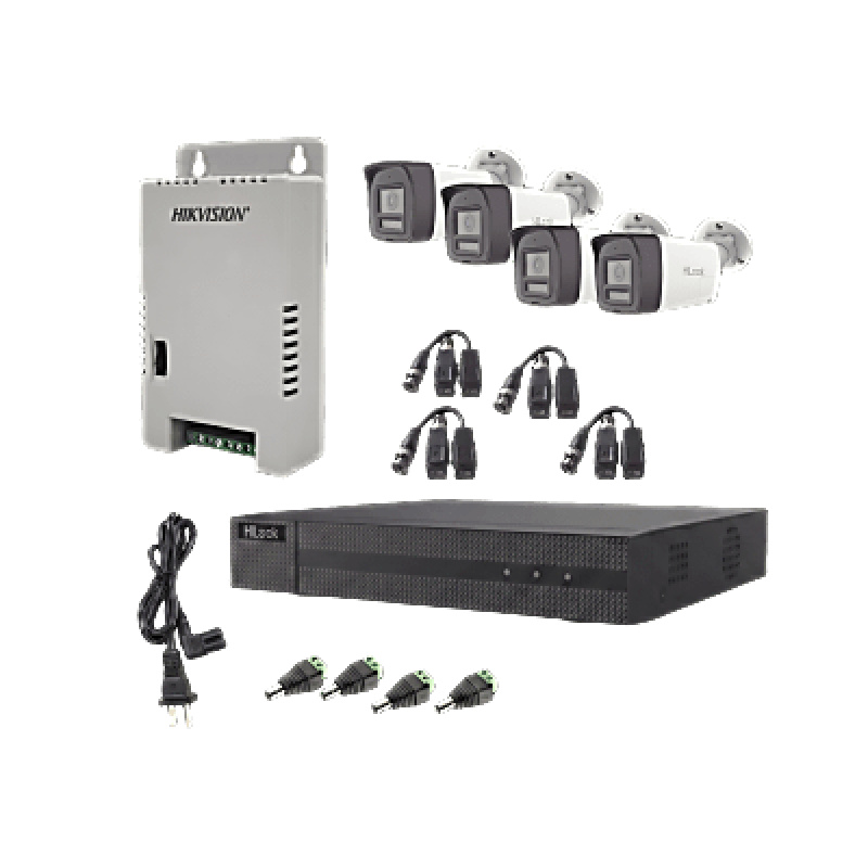 Kit HiLook Audio Bidireccional TurboHD 1080p / DVR Metalico 4 Canales / 4 Cámaras Bala Exterior con Bocina y Micrófono Integrado / 1 Fuente de Poder / Accesorios