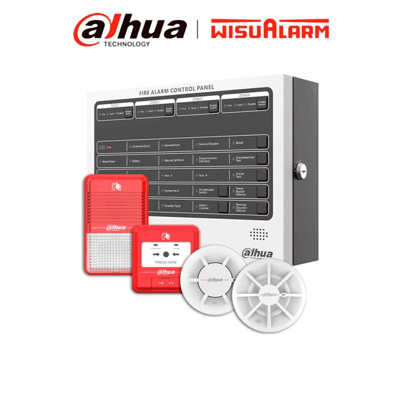 DAHUA WISUALARM PAQUETE CONVENCIONAL 4 ZONAS - El paquete incluye: un panel convencional de 4 zonas, detector de humo, detector de calor, estación manual y sirena estroboscópica