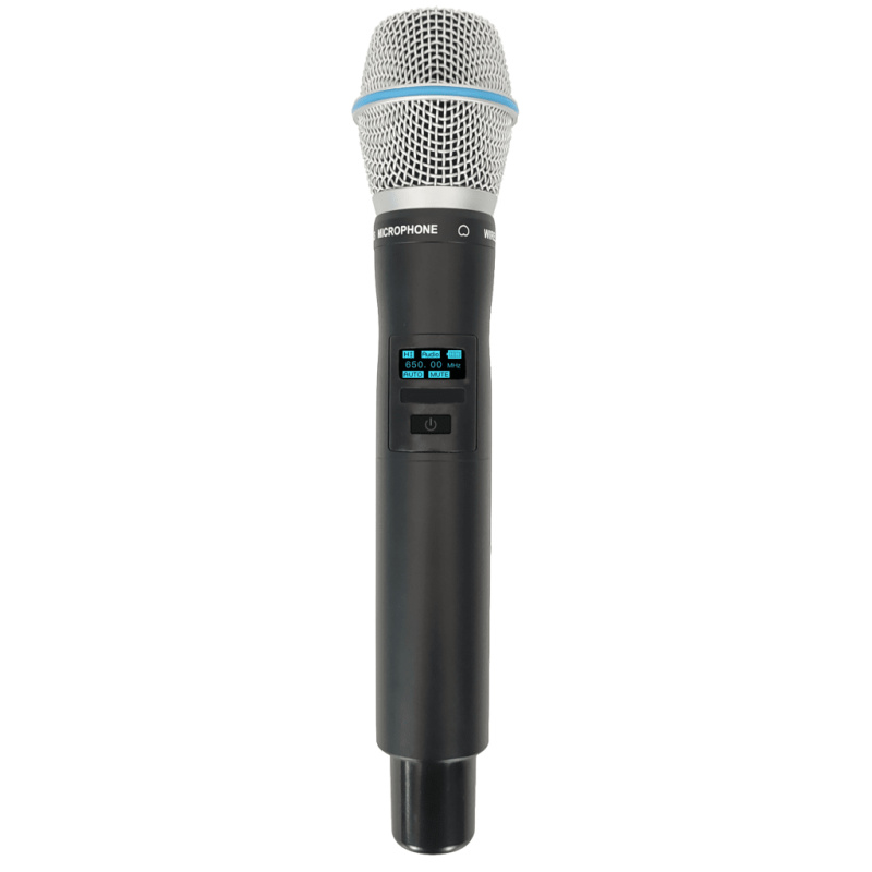 Micrófono Mano Inalámbrico EP59H | Rango Frecuencia 470510MHz 540590MHz 640690MHz 807830MHz | Potencia Salida 10dBm | Autonomía 10 Horas | Mute Automático por Caída | Display OLED | 7 Niveles Potencia Aju