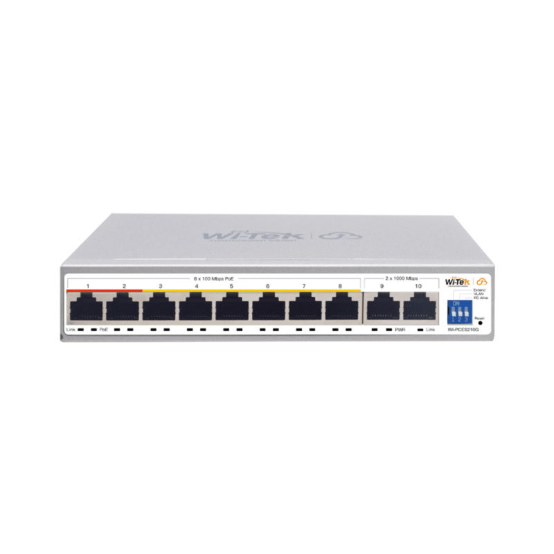 Switch PoE / Administración en la nube / Con 8 puertos 10/100 Mbsp PoE af/at / 2 Puertos Uplink 10/100/1000 Mbps /  Presupuesto 100 W / PoE hasta 250 metros / Soporta protocolo ONVIF