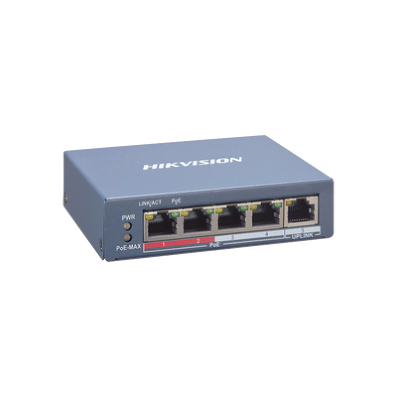 Switch PoE / Administrable / 4 Puertos 10/100 Mbps PoE / 1 Puerto 10/100 Mbps Uplink / Configuración Nube HikPartnerPro / Modo Extendido hasta 300 Metros /  45 W