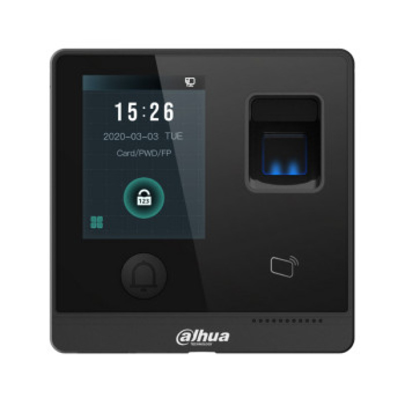 DAHUA ASI1212F-D - Control de Acceso Touch/ 3,000 Huellas/ 30,000 Tarjetas ID/ 30,000 Passwords/ 150,000 Registros/ Apertura Remota desde APP/ Tiempo de lectura de 1.5 s/ TCP/IP/ E&S de Alarma/ Boton de Apertura/