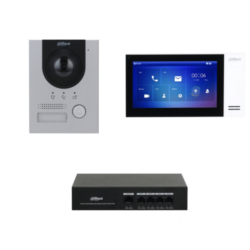 DAHUA KTP01L(S) - Kit de Videoportero IP con Frente de Calle Metalico, Monitor y Switch PoE/ Monitor de 7 Pulgadas Touch/ Ranura SD/ Frente de Calle con Camara de 2 Megapixeles/ Apertura de Puerta/ E&S De Alarmas/ Switch de 5 Puertos y 36 Watts/ #LoNuevo