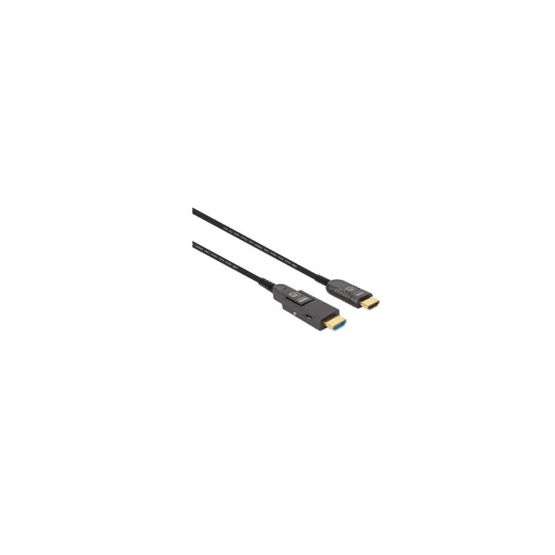 MANHATTAN 353243 - Cable Óptico Activo HDMI de Alta Velocidad / 4k@60Hz UHD, HDMI macho a Micro-HDMI macho (Tipo D) y HDMI macho (Tipo A) Desmontable, 20 m (65 pies), Certificado CMP/CPR, HEC, ARC, contactos bañados en oro, negro