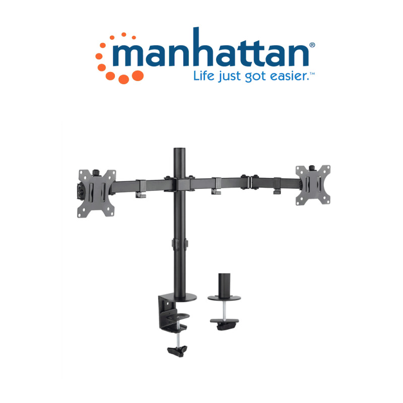 MANHATTAN 461528 - Soporte universal para 2 monitores con brazos de doble articulación / Color negro / 13" a 32" / Hasta 8Kg  / Inclinación de ±45° / Rotación de ±180° / Construído en acero / VESA 