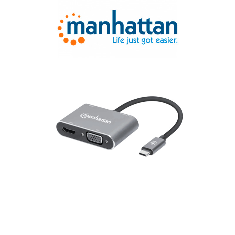 MANHATTAN 130691 - Docking Station de USB-C a HDMI y VGA, 4 en 1, con suministro de energía USB 3.2 tipo C macho a HDMI (4K a 30 Hz), VGA (1080p a 60 Hz), USB-A (5 Gbps) y USB-C PD (87 W) hembra, carga de transferencia, aluminio, gris espacial