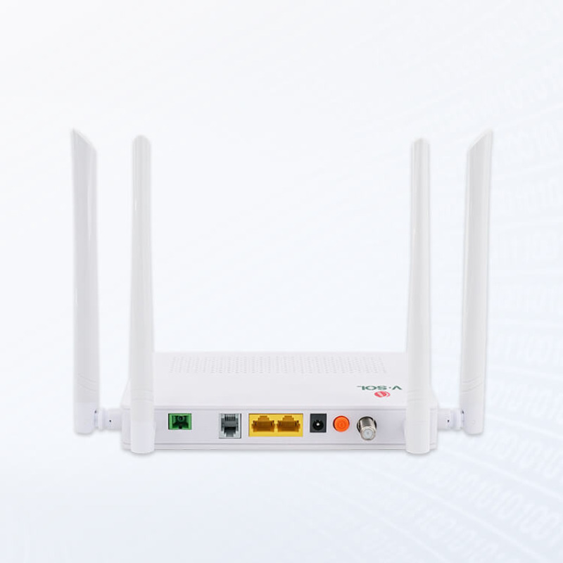 ONU Dual GPON/EPON con WiFi AC de doble banda 1 puerto SC/APC  2 puertos LAN Gigabit  1 puerto FXS  1 Puerto CATV