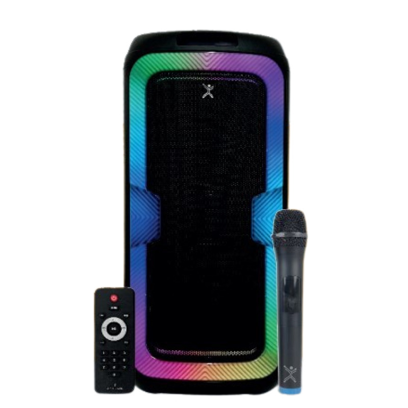 BOCINA INALAMBRICA BLUETOOTH PORTATIL RECARGABLE LUZ RGB CON MICROFONO / CONTROL REMOTO FUNCION TWS DUAL 8 PULGADAS PERFECT CHOICE JOY - NEGRO