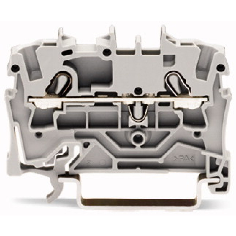 Borna de paso para 2 conductores 25 mm Apropiado para aplicaciones Ex e II Marcaje lateral y central para carril DIN 35 x 15 y 35 x 75 Pushin CAGE CLAMP 250 mm gris