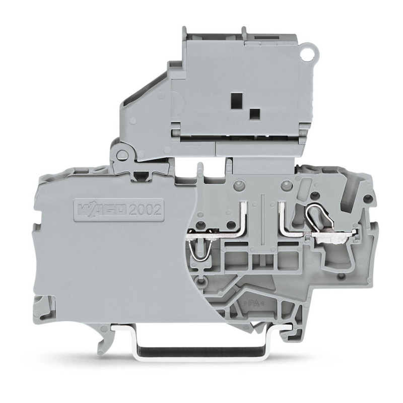 Borna portafusibles para 2 conductores con portafusible basculante y placa final para fusible tipo G 5 x 20 mm sin indicación de defecto para carril DIN 35 x 15 y 35 x 75 25 mm Pushin CAGE CLAMP 250 mm gris