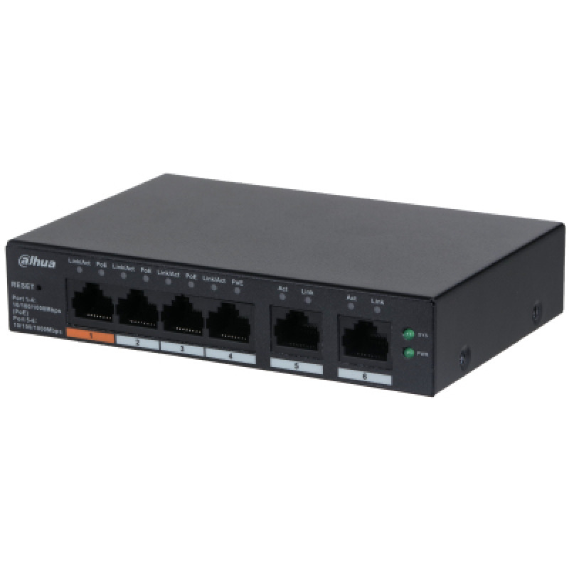 DAHUA DH-CS4006-4GT-60 Switch PoE de 6 Puertos Gigabit/ 4 Puertos PoE 10/100/1000/ 2 Puertos uplink 10/100/1000/ 60 Watts Totales/ Switching 12 Gbps/ PoE 2.0/ 250mts de transmisión/ Plataforma Dolynlk care