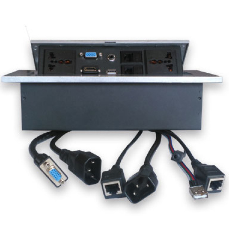 CAJA BROBOTIX PARA MESA HDMI X1, USB X1, CORRIENTE X2, RJ45 X2,  SVGAX1,  STEREO X1, PLATA