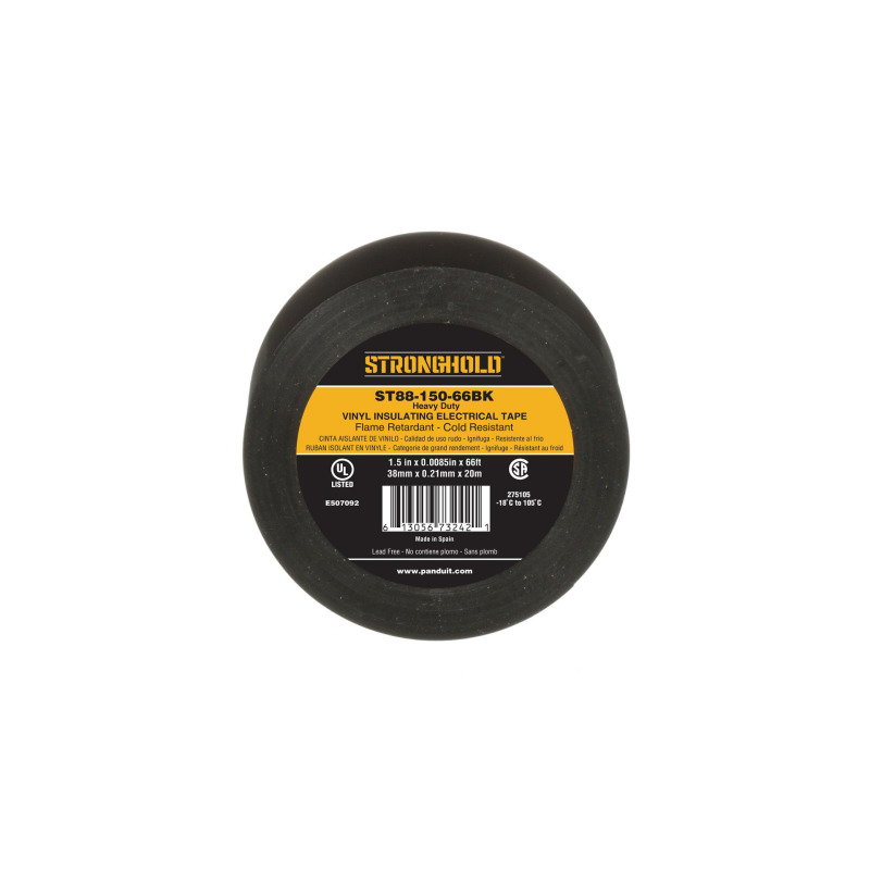 Cinta Eléctrica STRONGHOLD para Aislar de PVC Trabajo Pesado Eléctrico Industrial Soporta UV abrasión agua aceite y corrosión Grosor de 021 mm 85 mil Ancho de 38 mm y 20 m de Largo Uso Interior/Exterior Color Ne