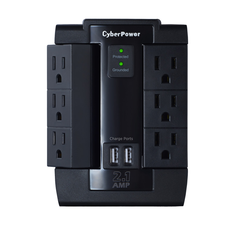 Multicontacto con Supresor de Picos de Pared Voltaje de Entrada 125 Vca NEMA 515P Con 6 Salidas NEMA 515R 2 Puertos de Carga USB 1200 Joules