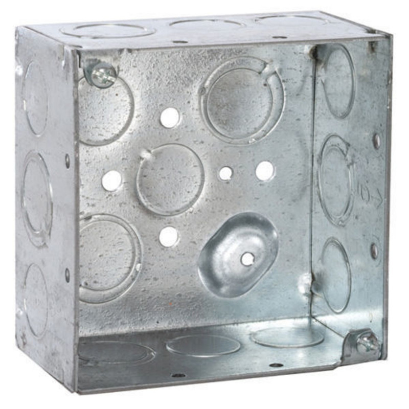 Caja Cuadrada Galvanizada  de 4 x 4 profundidad de 2 1/8 Cuenta con 10 KO de 1/2 y 6 TKO 1/2  3/4