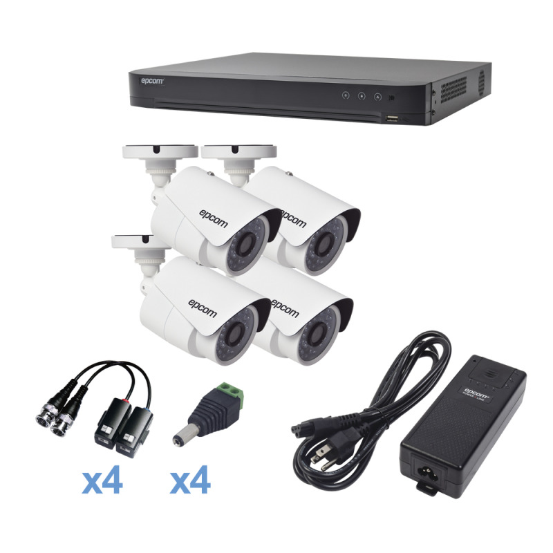 KIT TurboHD 1080p / DVR 4 Canales / 4 Cámaras Bala Metálicas exterior 28 mm / Transceptores / Conectores / Fuente de Poder Profesional