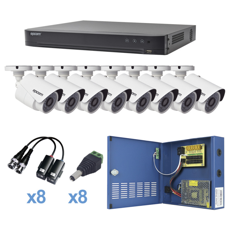 KIT TurboHD 1080p / DVR 8 Canales / 8 Cámaras Bala exterior 28 mm / Transceptores / Conectores / Fuente de Poder Profesional hasta 15 Vcc para Larga Distancias