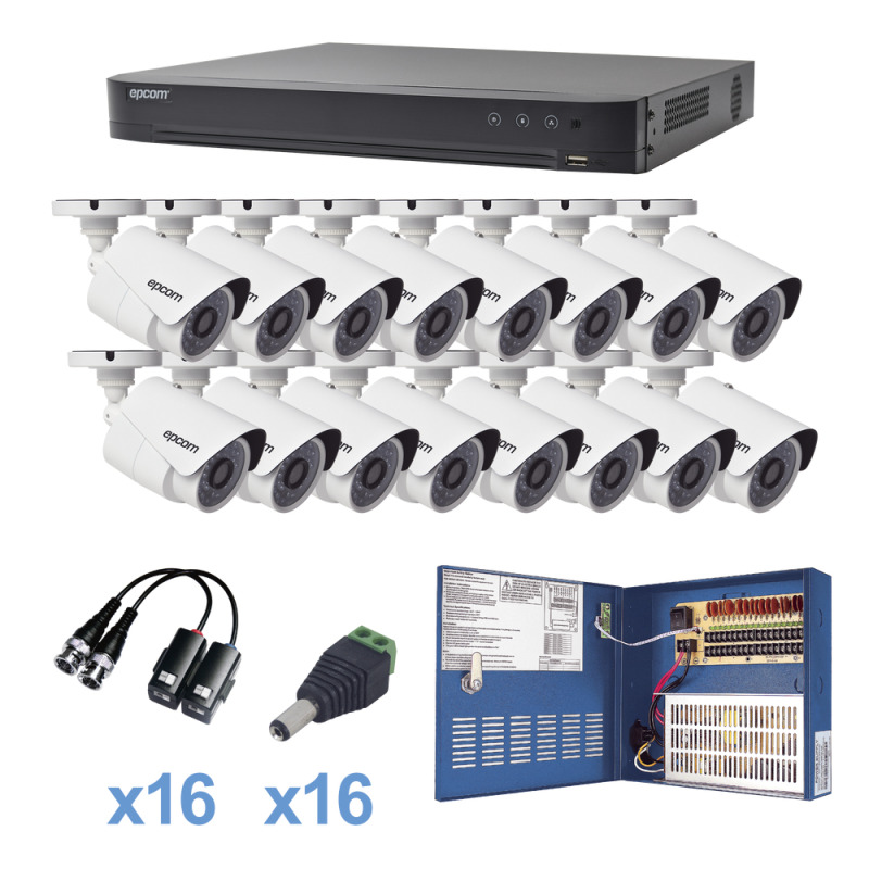 KIT TurboHD 1080p / DVR 16 Canales / 16 Cámaras Bala exterior 28 mm / Transceptores / Conectores / Fuente de Poder Profesional