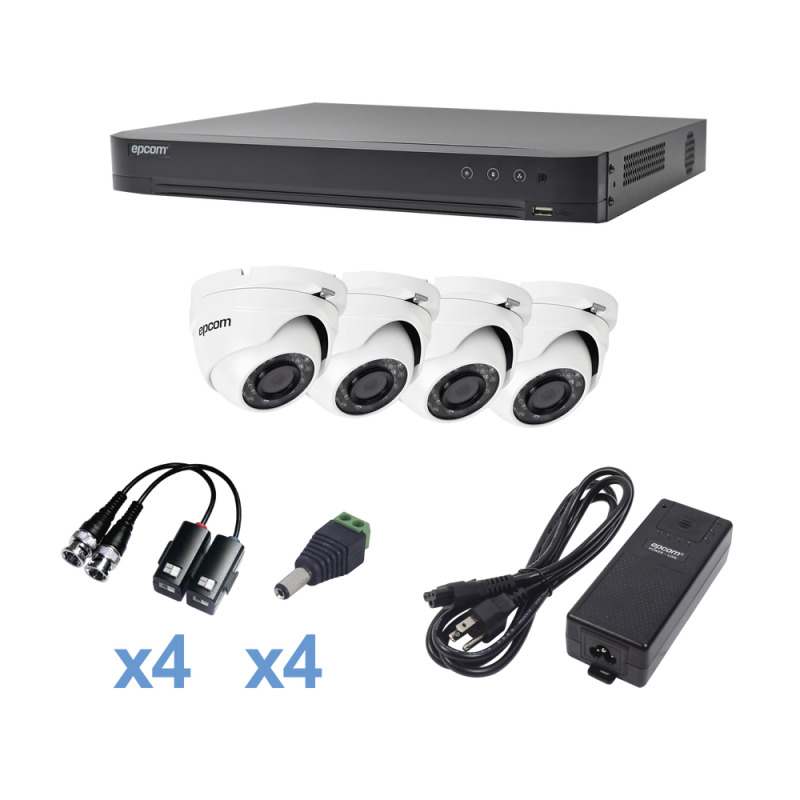 KIT TurboHD 1080p / DVR 4 Canales / 4 Cámaras Eyeball exterior 28 mm / Transceptores / Conectores / Fuente de Poder Profesional