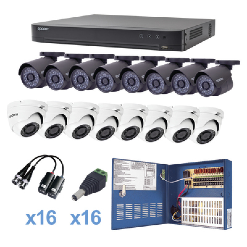 KIT TurboHD 1080p / DVR 16 Canales / 8 Cámaras Bala exterior 28 mm / 8 Cámaras Eyeball exterior 28 mm / Transceptores / Conectores / Fuente de Poder Profesional
