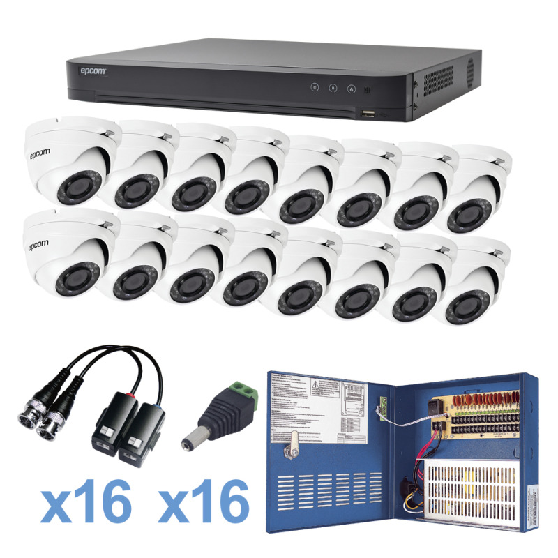 KIT TurboHD 1080p / DVR 16 Canales / 16 Cámaras Eyeball exterior 28 mm / Transceptores / Conectores / Fuente de Poder Profesional