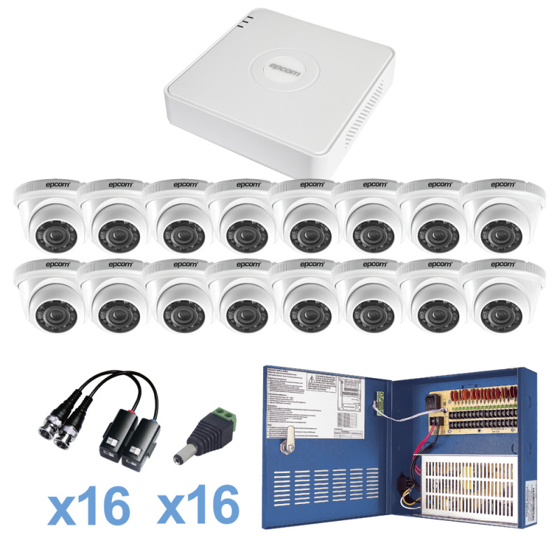 KIT TurboHD 1080p Lite / DVR 16 Canales / 16 Cámaras Eyeball  Exterior  28mm / Transceptores / Conectores / Fuente de Poder Profesional