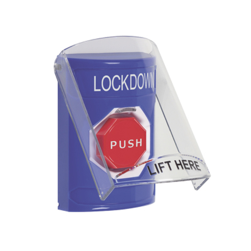 Botón Multipropósito Color Azul De Superficie Con Tapa De Policarbonato Con Bocina Prealarma Para Interior Llave Para Restablecer Texto De Emergencia Español