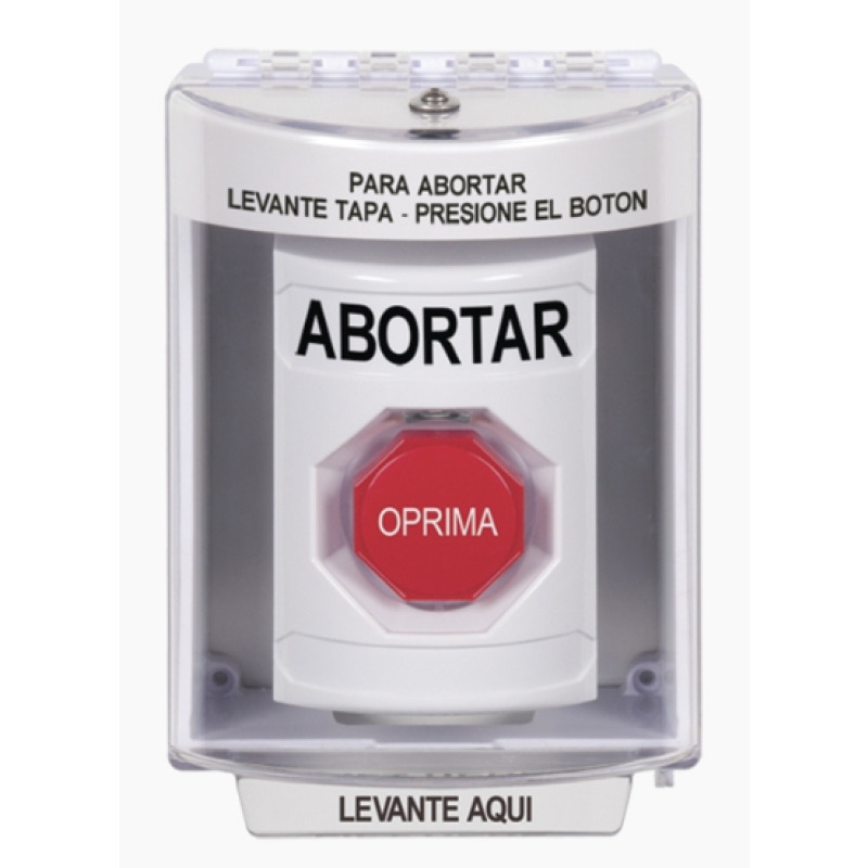 Botón de Abortar Bocina de Advertencia Integrada Texto en Español Tapa Protectora de Policarbonato Súper Resistente con Espaciador Restablecimiento con Llave