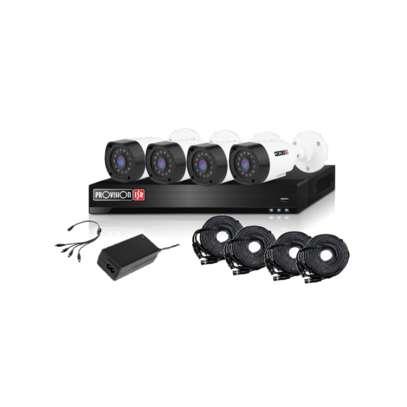 KIT / PROVISION ISR / DVR 4 CANALES DE 2 MEGAPIXELES / 4 CAMARAS 2MP / LENTE 2.8MM 90º GRADOS DE APERTURA / IP66 / INFRARROJO / ACCESORIOS / 2 AÑOS DE GARANTIA