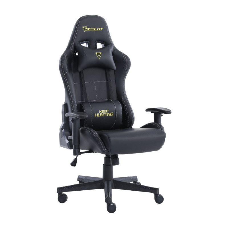 SILLA OCELOT GAMING OGS-01 / VINIPIEL / BASE NYLON AJUSTABLE / DESCANSABRAZOS 2D / PISTON CLASE 4 / RECLINABLE 90-155 GRADOS / HASTA 150KG / COJINES LUMBAR Y CERVICAL / COLOR NEGRO