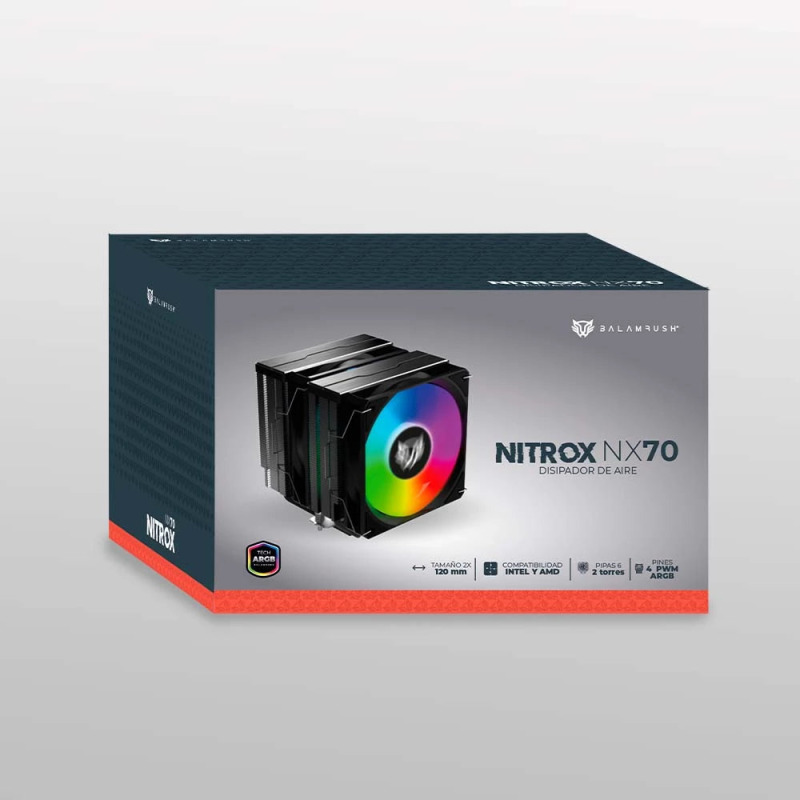 DISIPADOR DE AIRE BALAM RUSH NITROX NX70 / HIDRAULICO / 4 PINES PWM ARGB / 3 PINES 5V / 6 PIPAS 2 TORRES / 600 -1800 RPM / FLUJO DE AIRE 73.6 CFM / INTEL - AMD / 120 MM / NEGRO / BR-937382 image 8