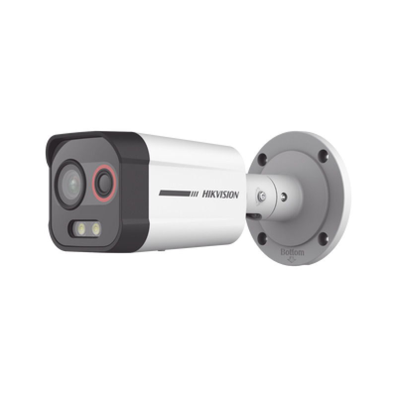Bala IP Dual / Térmica 135 mm 96 x 72 / Óptico 4 mm 4 Megapixel / Detección de Intrusión por VCA 30 mts /30 mts Luz Blanca / Exterior IP67 / PoE / Sirena y Luz Intermitente Integrada / Micro SD / ColorVu y ACUSENSE