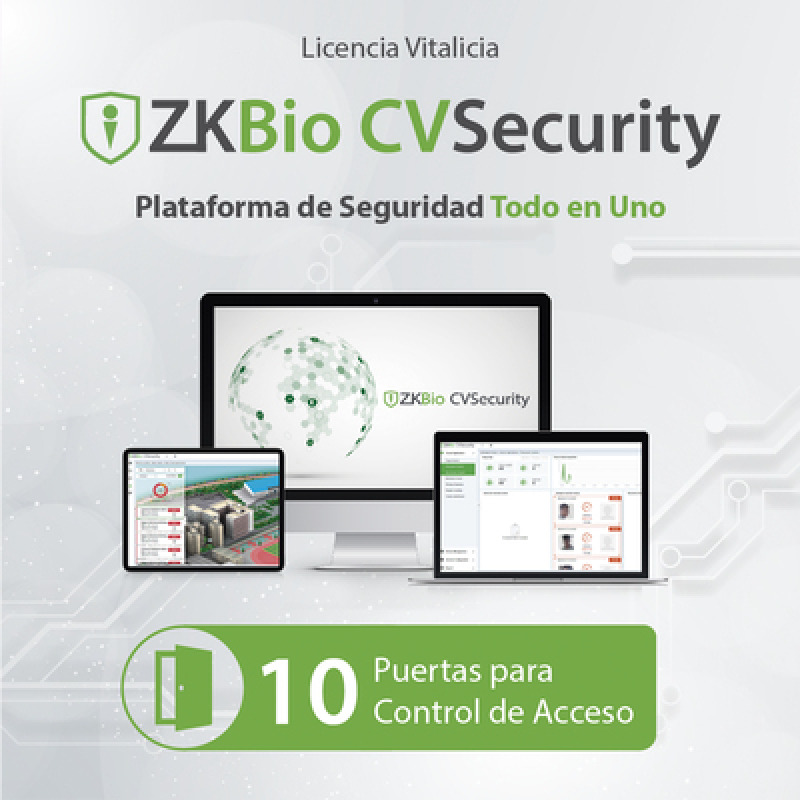 ZKTECO ZKCVACP10 - Licencia Vitalicia para 10 Puertas en Control de Acceso  BioCVSecurity / Hasta 30 000 Usuarios / 200 Departamentos / 200 Áreas