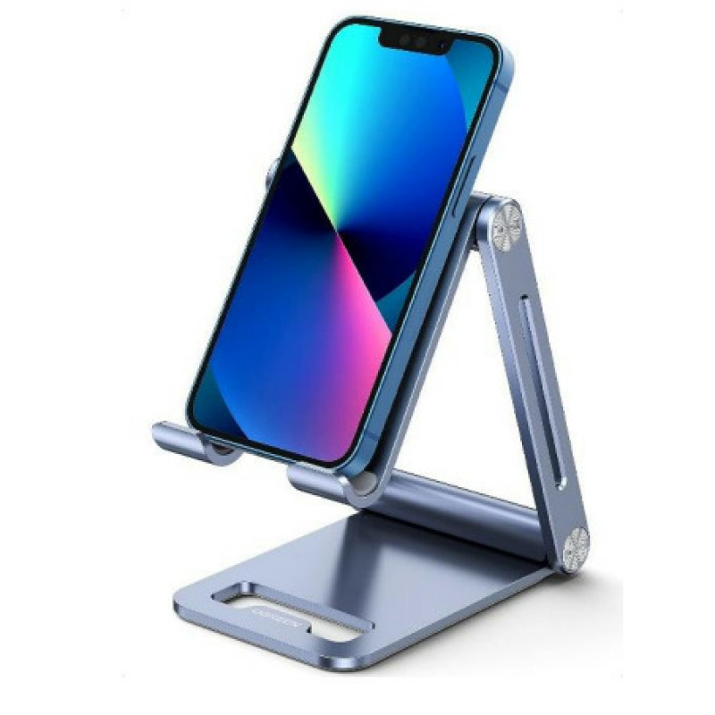Soporte para Teléfono Celular de Aluminio / Angulo Ajustable / Amplia Compatibilidad con dispositivos de 47 a 79 / Antideslizante / Antiarañazos / Plegable / Color Azul